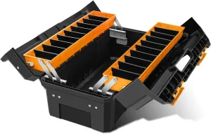 DNA MOTORING 2-Layer Lockable Tool Box Plastic Portable Storage Folding Toolbox Tray Divider Tool Organizers, W/Handle, Orange/Black, TOOLS-00503