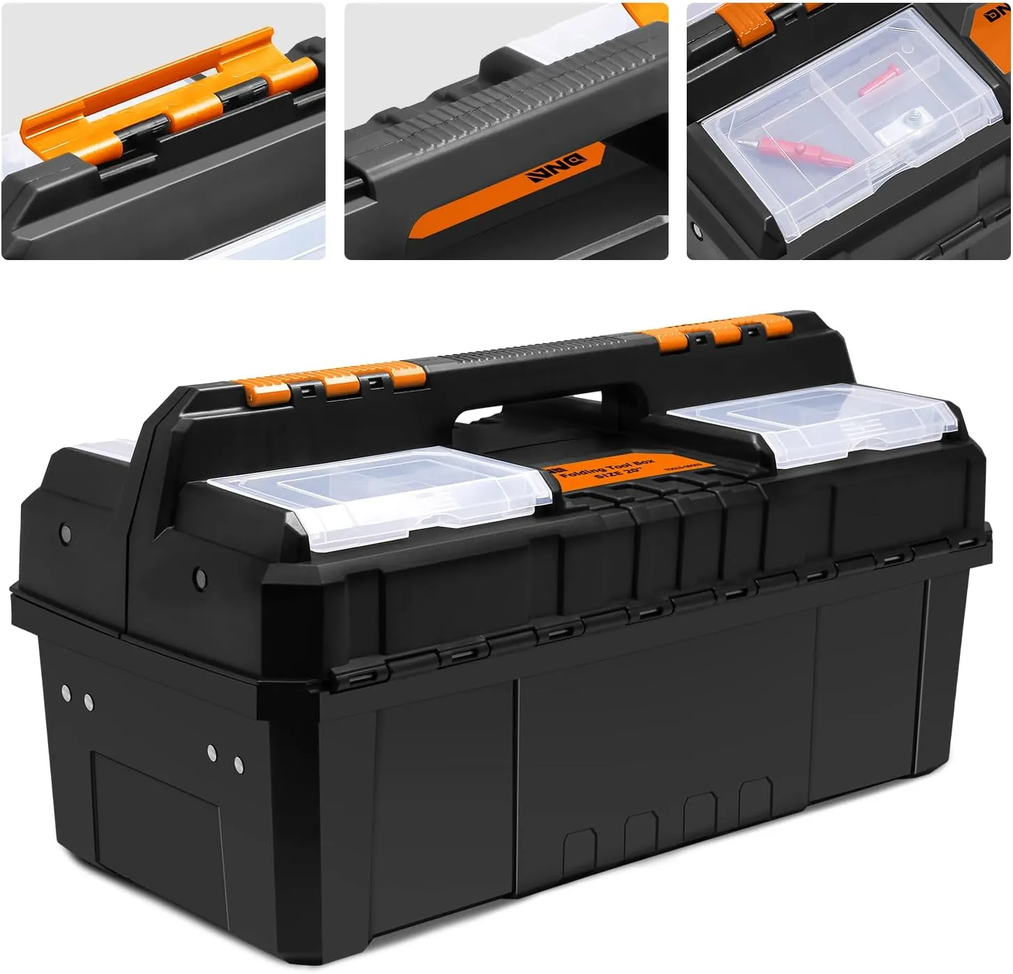 DNA MOTORING 2-Layer Lockable Tool Box Plastic Portable Storage Folding Toolbox Tray Divider Tool Organizers, W/Handle, Orange/Black, TOOLS-00503