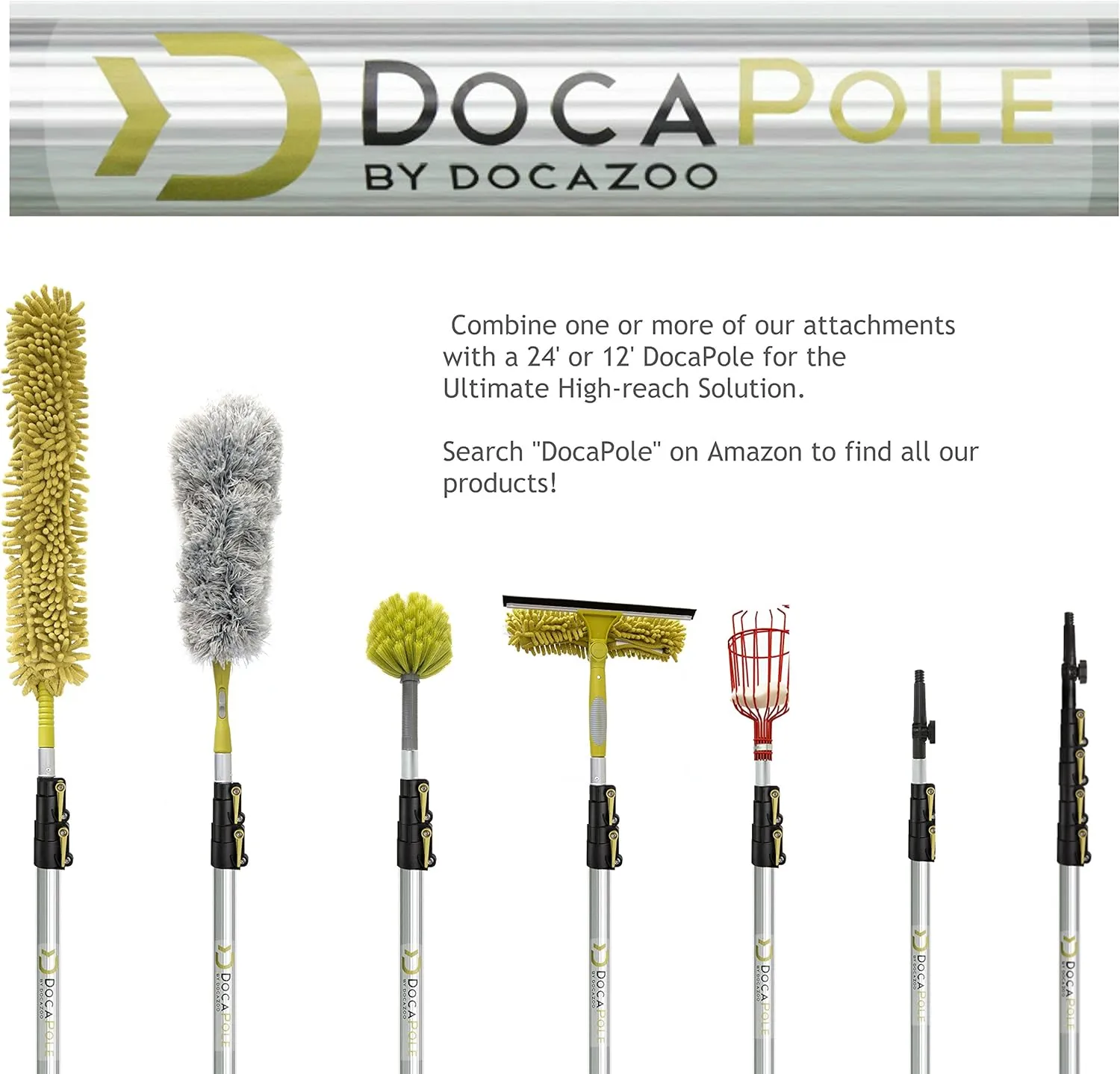 DOCA Telescoping Pole 5-12 Ft - Extension Pole for Cleaning, Feather Duster, Window Washing Kit, Paint Roller, Window Squeegee - High Reach Extendable Kit for Indoor & Outdoor - Duster Kit