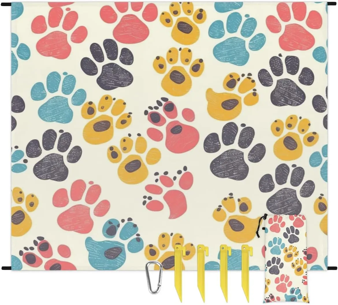 Dog Paw Beach Blanket, Sandproof Beach Mat, Adults Waterproof Quick Drying Sand Free Mat with 4 x Ground Spikes for Outdoor Travel Camping Hiking, Paw Print