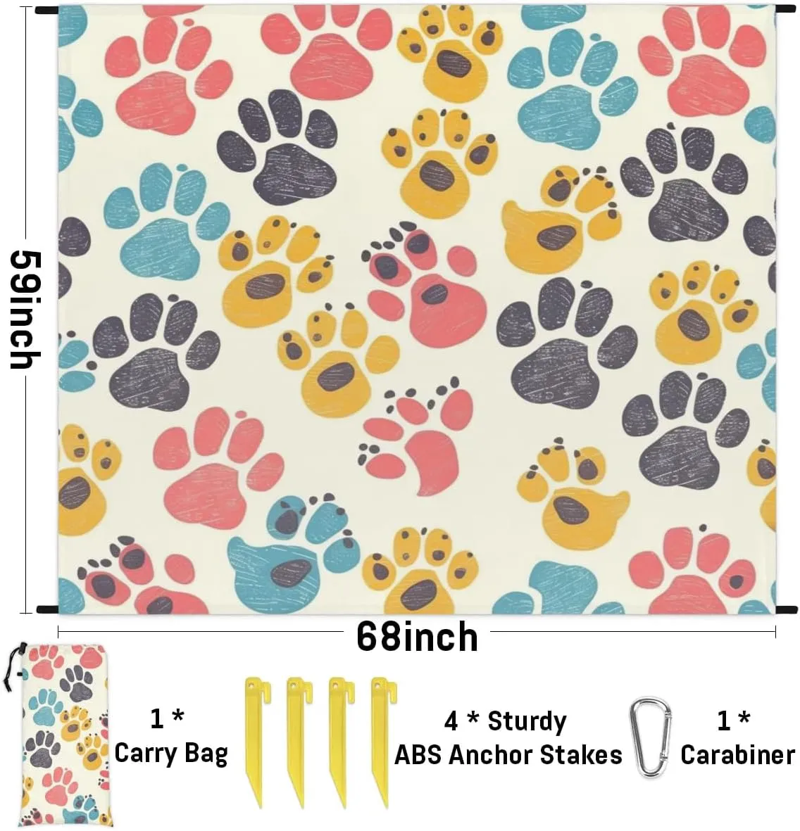 Dog Paw Beach Blanket, Sandproof Beach Mat, Adults Waterproof Quick Drying Sand Free Mat with 4 x Ground Spikes for Outdoor Travel Camping Hiking, Paw Print