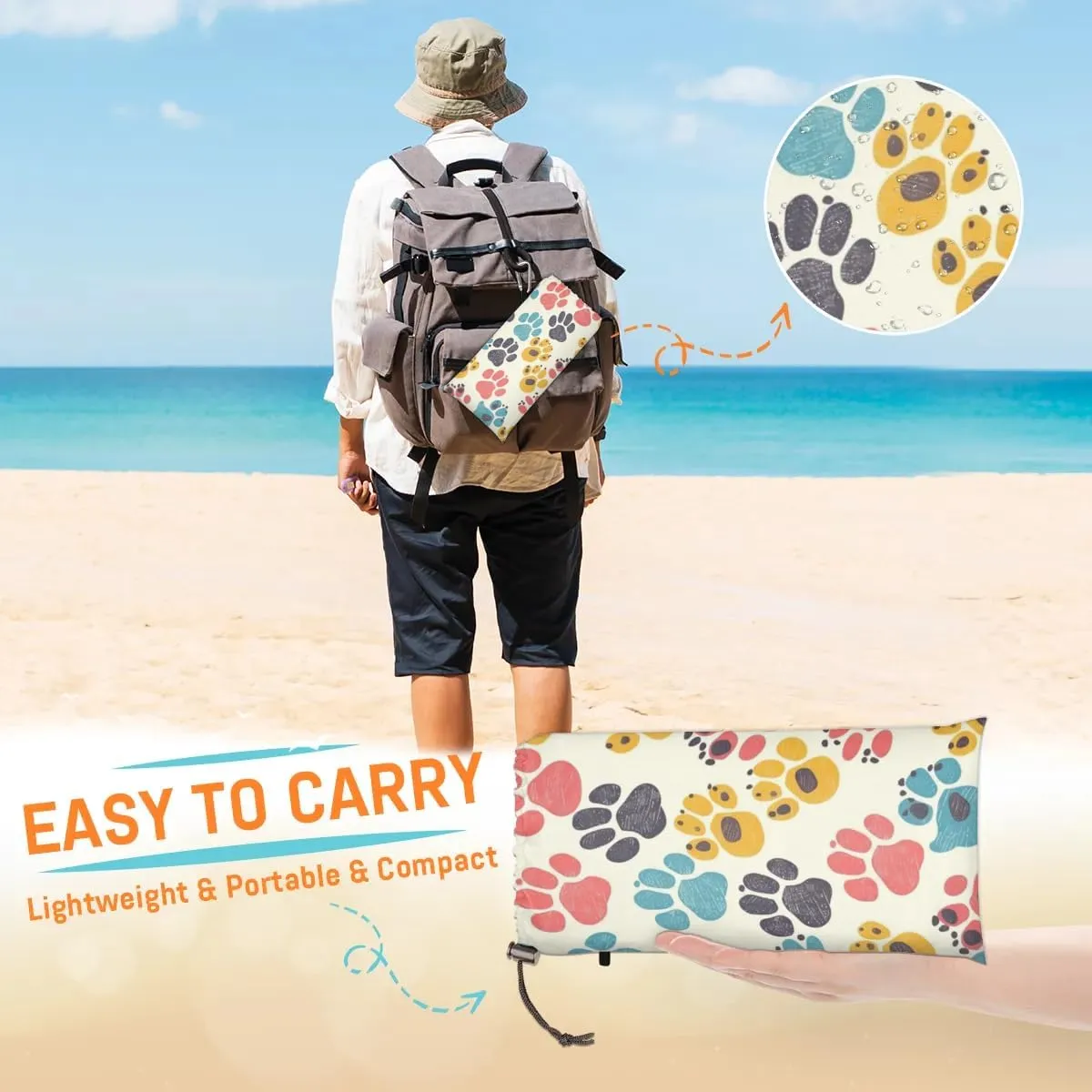 Dog Paw Beach Blanket, Sandproof Beach Mat, Adults Waterproof Quick Drying Sand Free Mat with 4 x Ground Spikes for Outdoor Travel Camping Hiking, Paw Print