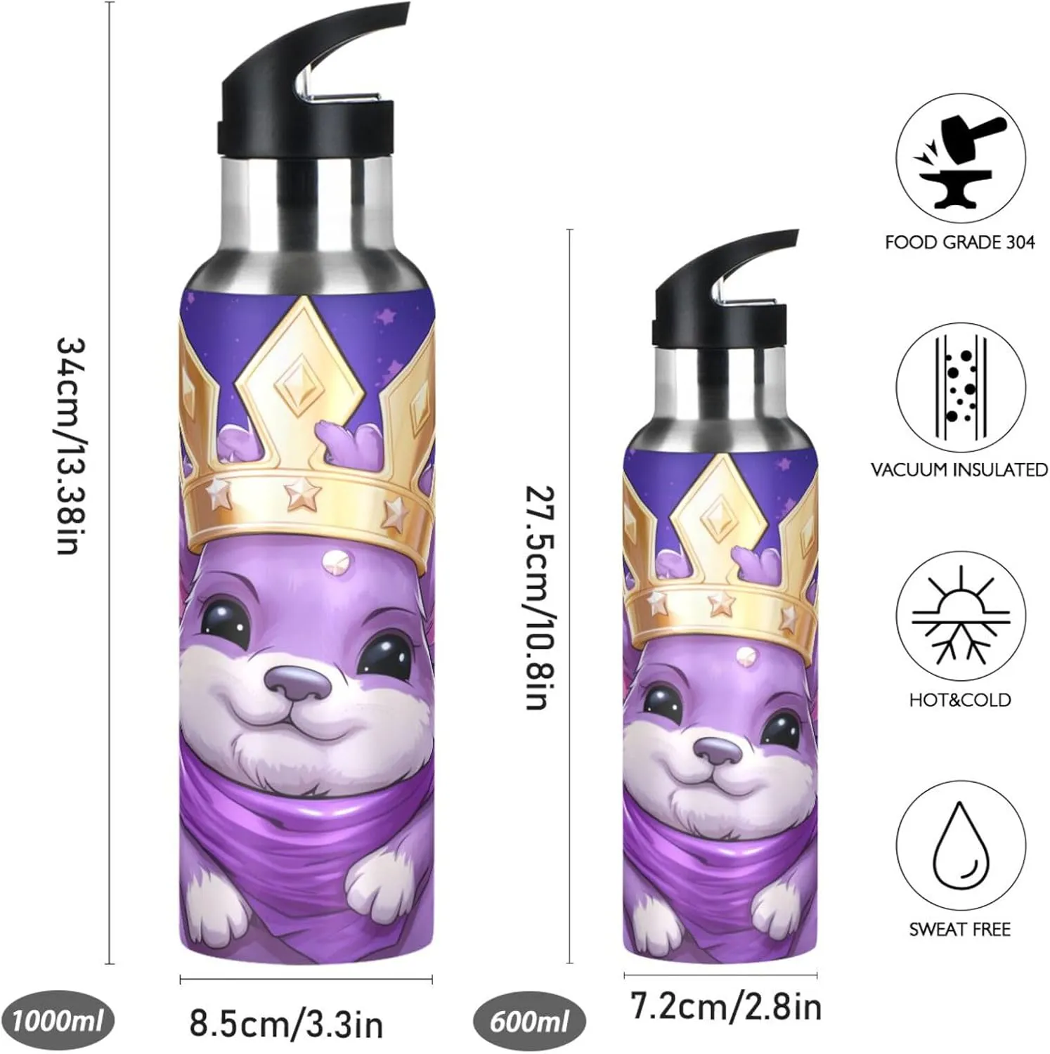 Doodle Art Cute Koala Sport Water Bottle Insulated Stainless Steel Large Vacuum Flask Leak Proof Thermos with Straw for Travel(600ml/1000ml)
