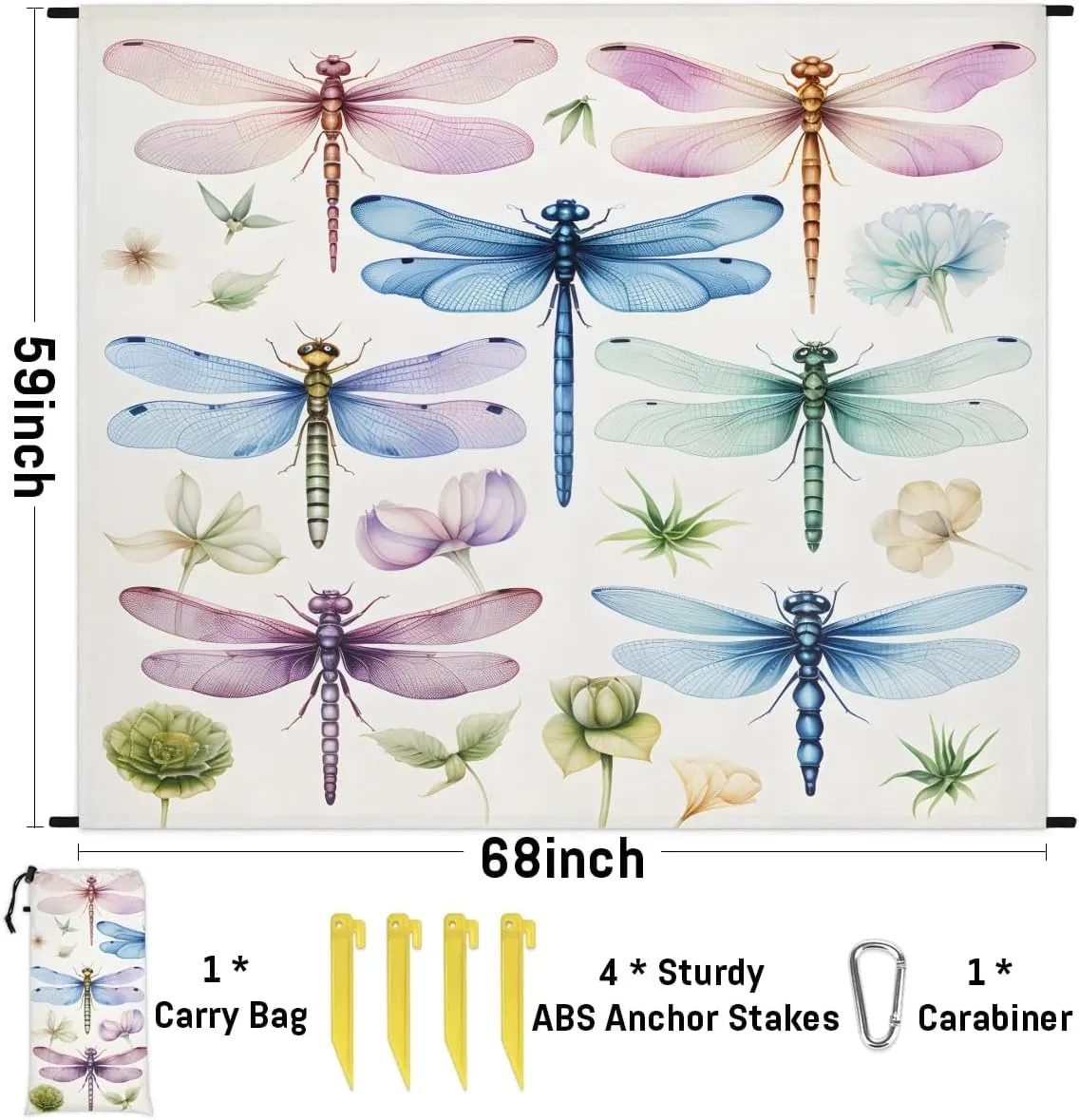Dragonfly Print Beach Blanket, Sandproof Beach Mat, 68 x 59 Waterproof Quick Drying Sand Free Mat with 4 x Ground Spikes for Outdoor Travel Camping Hiking, Colorful Dragonfly