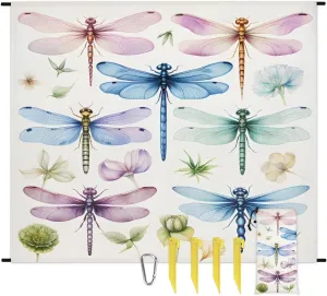 Dragonfly Print Beach Blanket, Sandproof Beach Mat, 68 x 59 Waterproof Quick Drying Sand Free Mat with 4 x Ground Spikes for Outdoor Travel Camping Hiking, Colorful Dragonfly