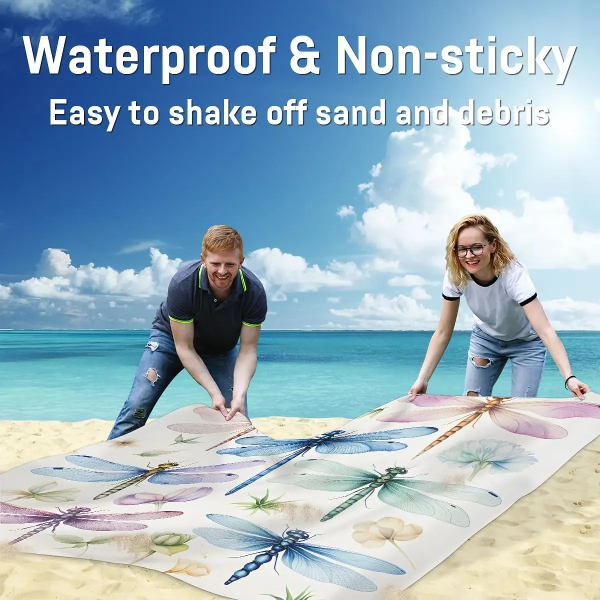 Dragonfly Print Beach Blanket, Sandproof Beach Mat, 68 x 59 Waterproof Quick Drying Sand Free Mat with 4 x Ground Spikes for Outdoor Travel Camping Hiking, Colorful Dragonfly