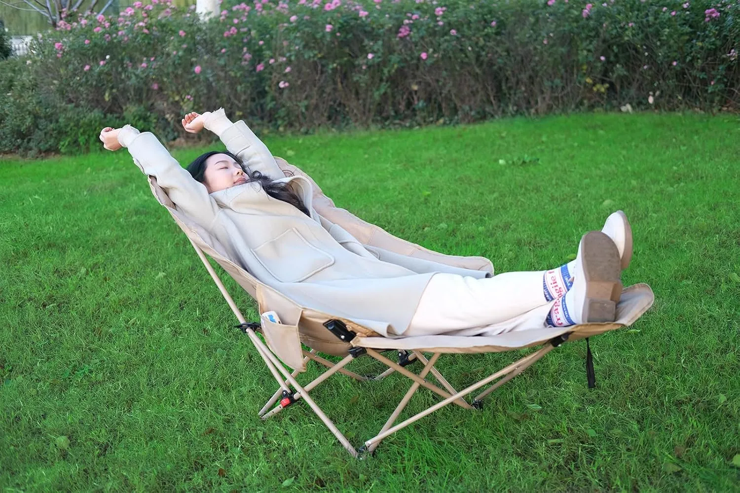 Dual Purpose Folding Camping Cot and Chair with Removable Footrest for Adults, Easy-to-Assemble Adjustable Sleeping Chair with Carry Bag for Fishing, Hiking, Travel, Home (Khaki)