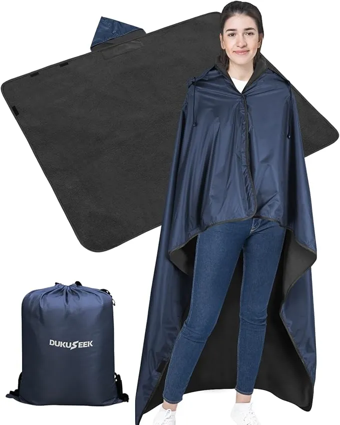 DUKUSEEK Outdoor Waterproof Stadium Blanket with Hood, Windproof Camping Blankets for Cold Weather, Sports, Yard, Soccer, Large Warm Fleece All Weather Blankets, Dark Blue 59"x56"