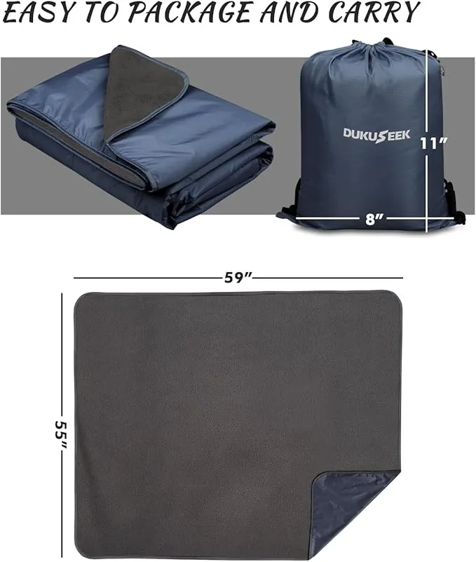 DUKUSEEK Outdoor Waterproof Stadium Blanket with Hood, Windproof Camping Blankets for Cold Weather, Sports, Yard, Soccer, Large Warm Fleece All Weather Blankets, Dark Blue 59"x56"