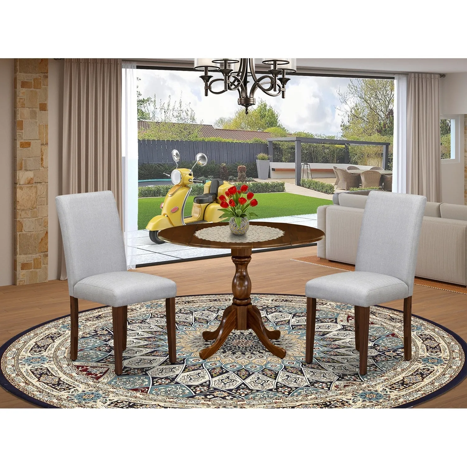East West Furniture DMAB3-AWA-05 3 Piece Dinette Set for Small Spaces Contains a Round Dining Table with Dropleaf and 2 Grey Linen Fabric Parson Dining Chairs, 42x42 Inch, Walnut