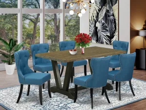 East West Furniture V676SI121-7 7 Piece Modern Dining Table Set Consist of a Rectangle Wooden Table with V-Legs and 6 Blue Linen Fabric Upholstered Chairs, 36x60 Inch, Multi-Color