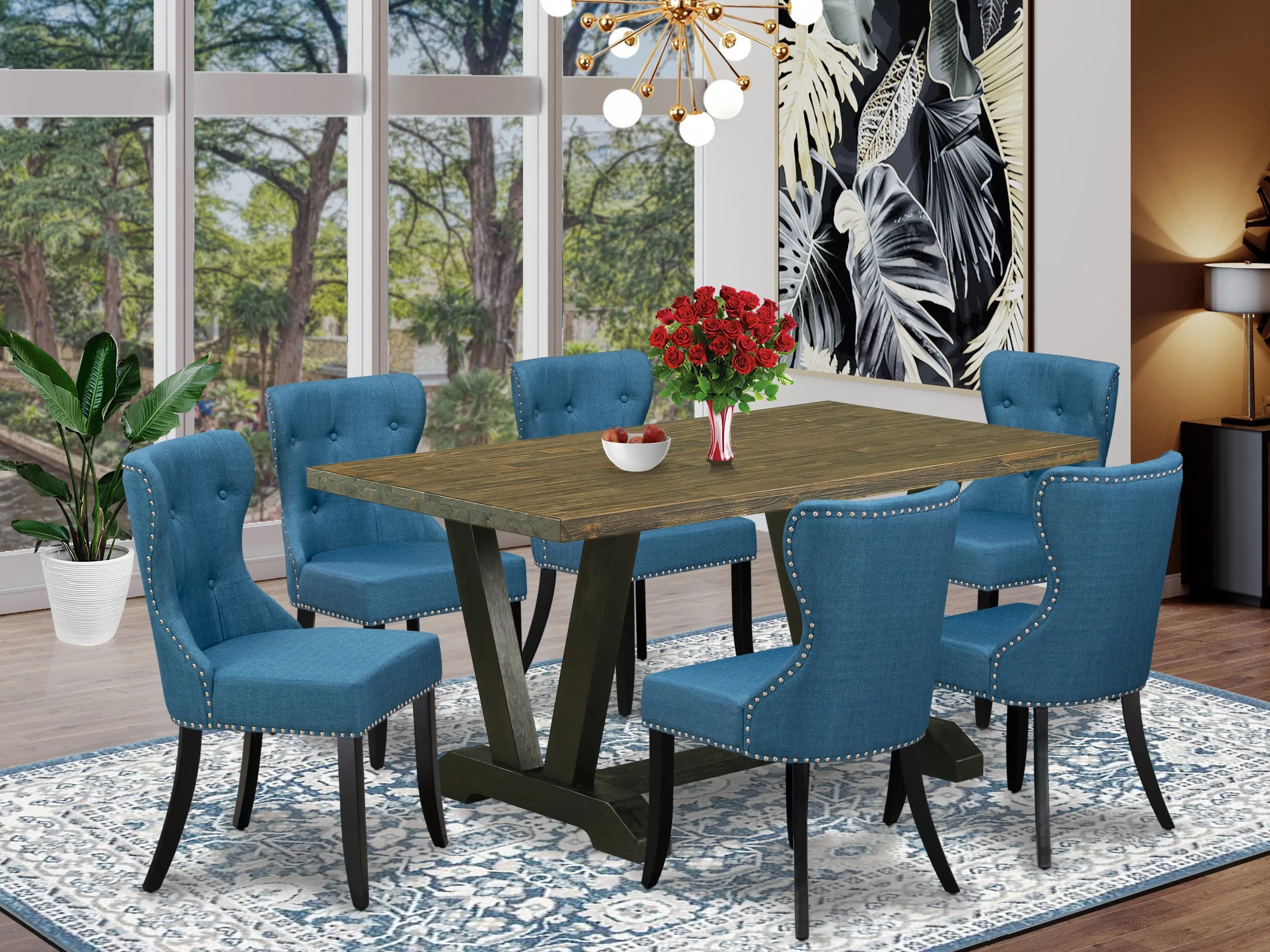 East West Furniture V676SI121-7 7 Piece Modern Dining Table Set Consist of a Rectangle Wooden Table with V-Legs and 6 Blue Linen Fabric Upholstered Chairs, 36x60 Inch, Multi-Color