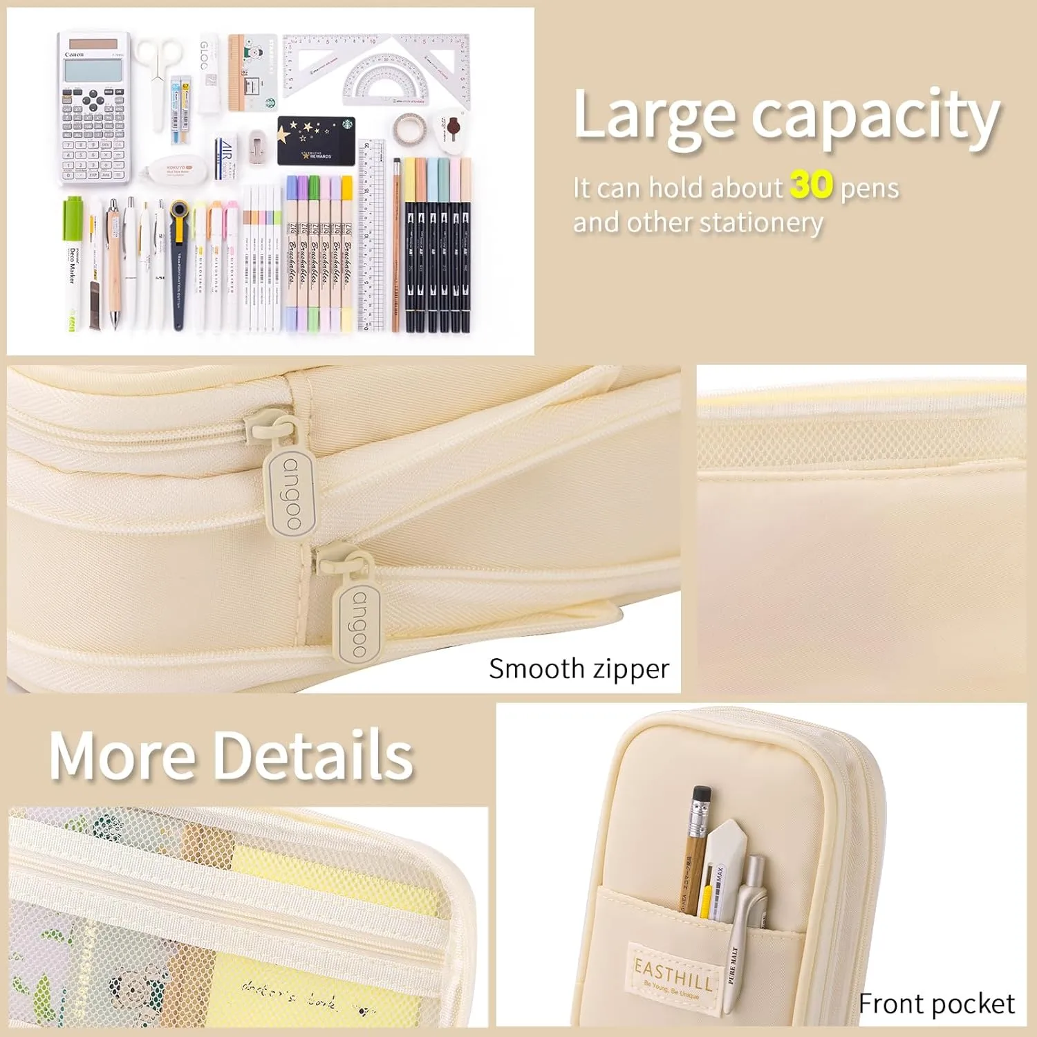 EASTHILL Big Capacity Pencil Case Large Pencil Pouch Stationery Pen Bag for Teen Girls-Cream