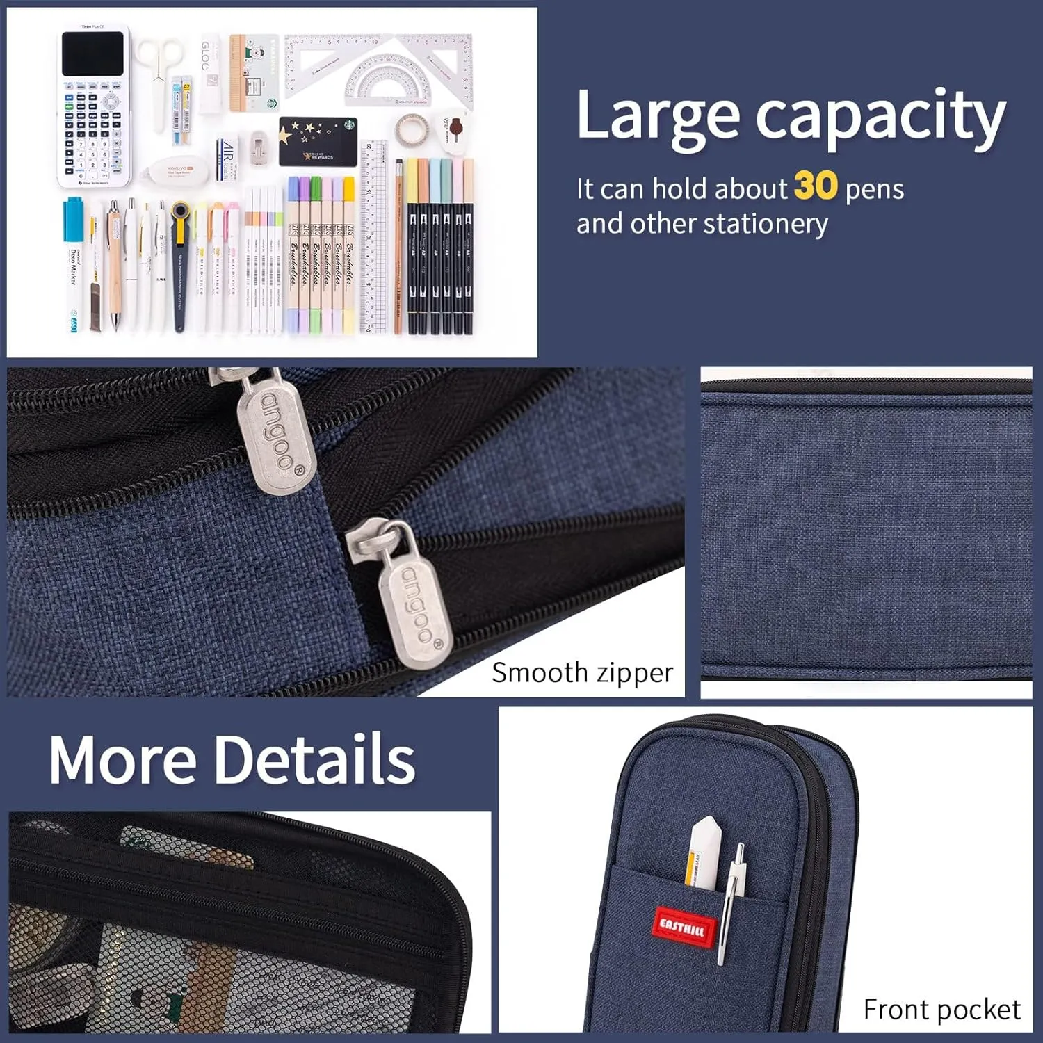 EASTHILL Big Capacity Pencil Case Large Pencil Pouch Stationery Pen Bag for Teen Girls-Deep Blue