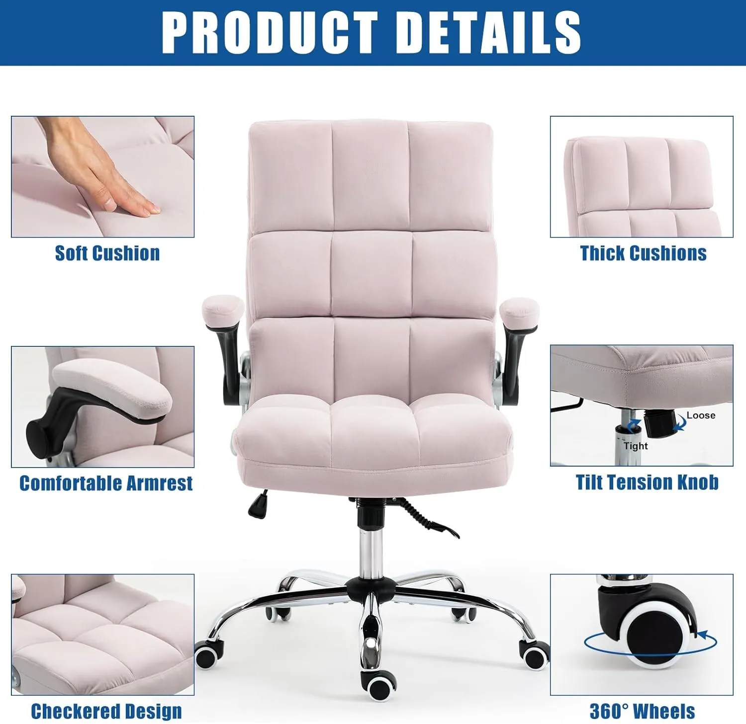 ECOTOUGE Executive Office Chair, Velvet Ergonomic Comfy Desk Chair, High Back Computer Chair with Adjustable Tilt Angle and Flip-up Arms (Pink, Without Footrest)