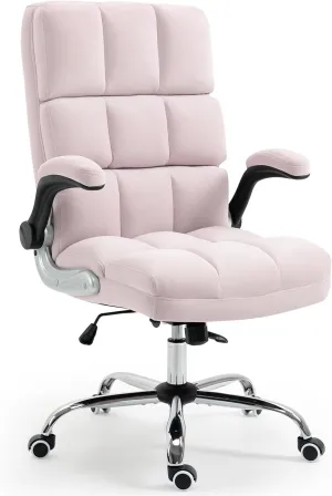 ECOTOUGE Executive Office Chair, Velvet Ergonomic Comfy Desk Chair, High Back Computer Chair with Adjustable Tilt Angle and Flip-up Arms (Pink, Without Footrest)