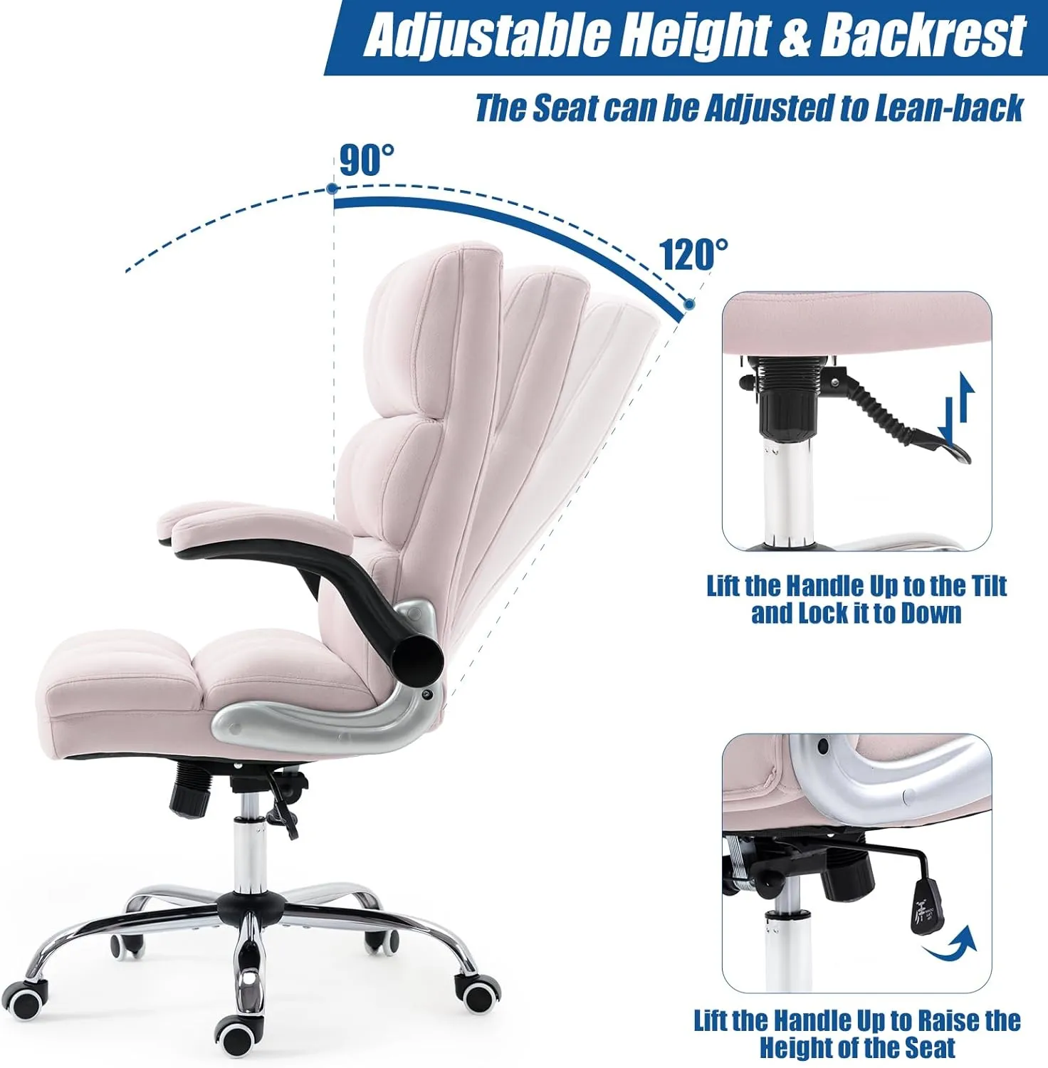 ECOTOUGE Executive Office Chair, Velvet Ergonomic Comfy Desk Chair, High Back Computer Chair with Adjustable Tilt Angle and Flip-up Arms (Pink, Without Footrest)
