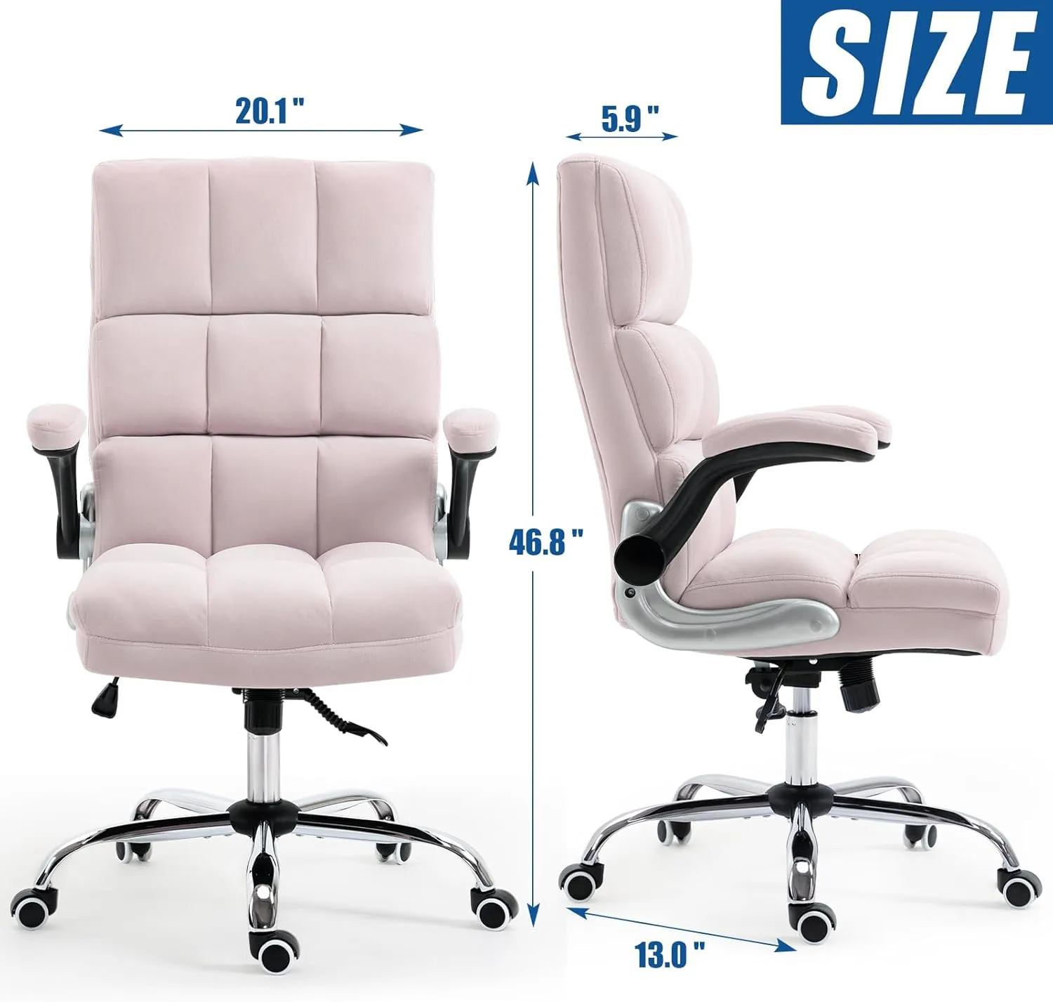 ECOTOUGE Executive Office Chair, Velvet Ergonomic Comfy Desk Chair, High Back Computer Chair with Adjustable Tilt Angle and Flip-up Arms (Pink, Without Footrest)