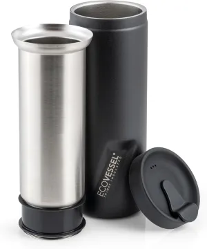 EcoVessel Travel French Press, Portable Coffee Maker, Stainless Steel Insulated Coffee Press, Reusable Single Serve Bottle for On-The-Go Use, 14oz (Black)