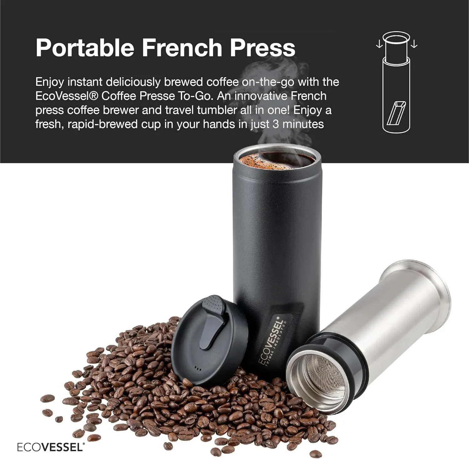EcoVessel Travel French Press, Portable Coffee Maker, Stainless Steel Insulated Coffee Press, Reusable Single Serve Bottle for On-The-Go Use, 14oz (Black)