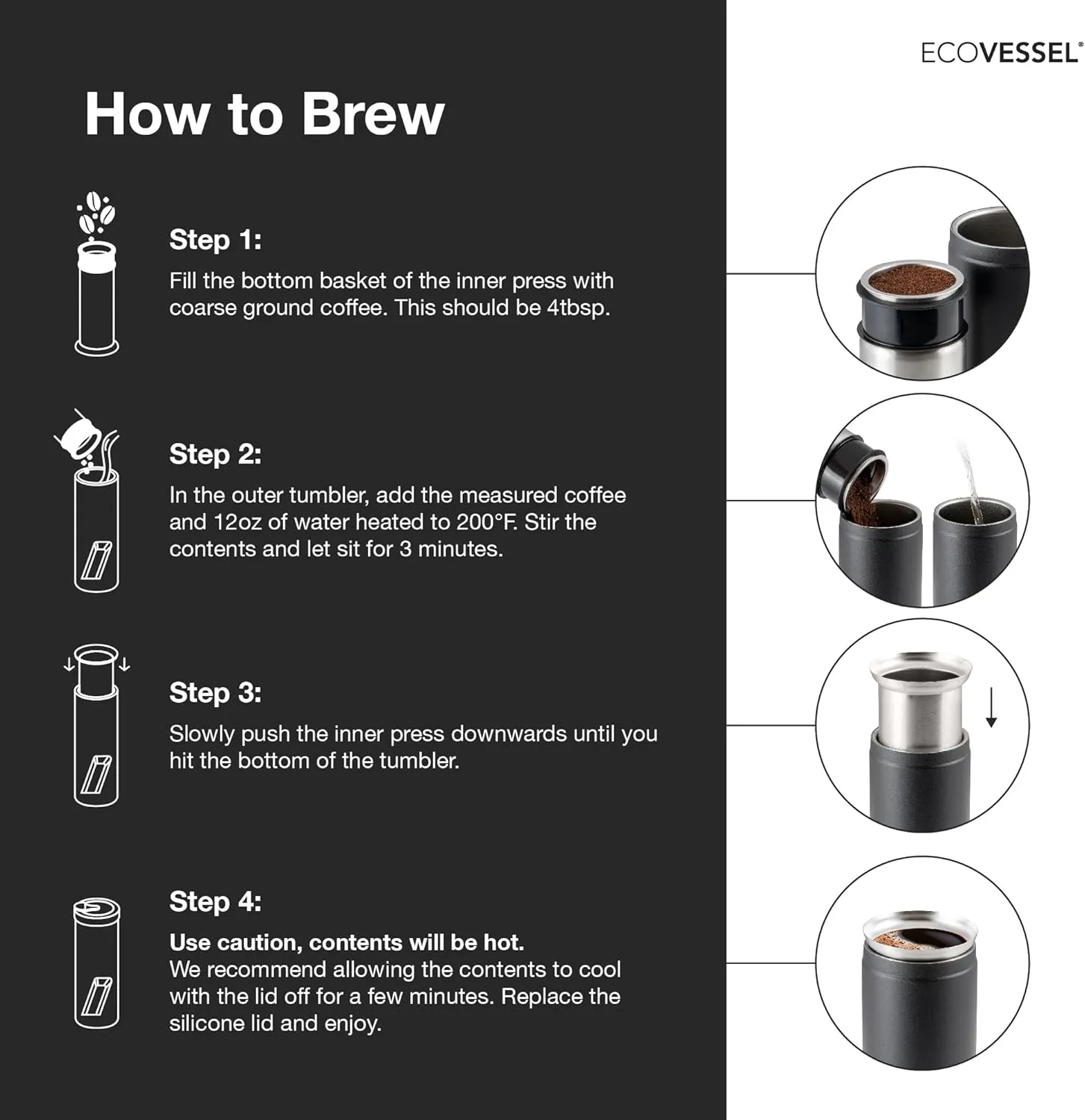 EcoVessel Travel French Press, Portable Coffee Maker, Stainless Steel Insulated Coffee Press, Reusable Single Serve Bottle for On-The-Go Use, 14oz (Black)