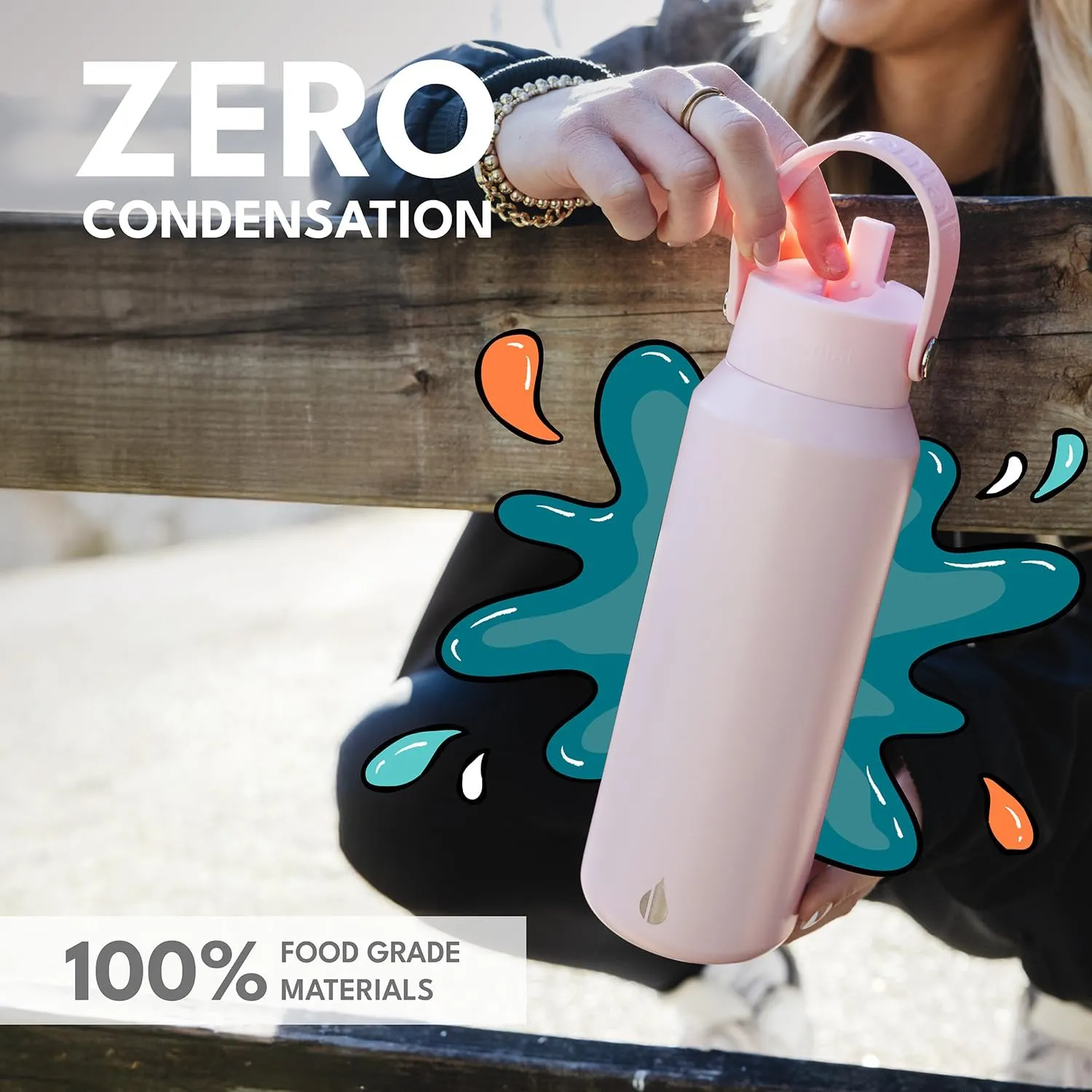 Elemental Core Stainless Steel Water Bottle with Straw - Leak Proof Double Wall Insulated Water Bottles for Travel, Sports and Gym - BPA Free Sport Thermos with Flip-up Straws - 40oz, Blush Pink