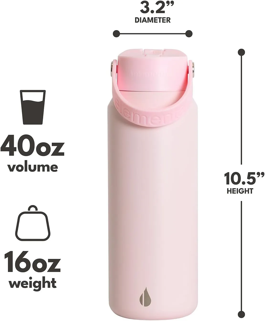 Elemental Core Stainless Steel Water Bottle with Straw - Leak Proof Double Wall Insulated Water Bottles for Travel, Sports and Gym - BPA Free Sport Thermos with Flip-up Straws - 40oz, Blush Pink