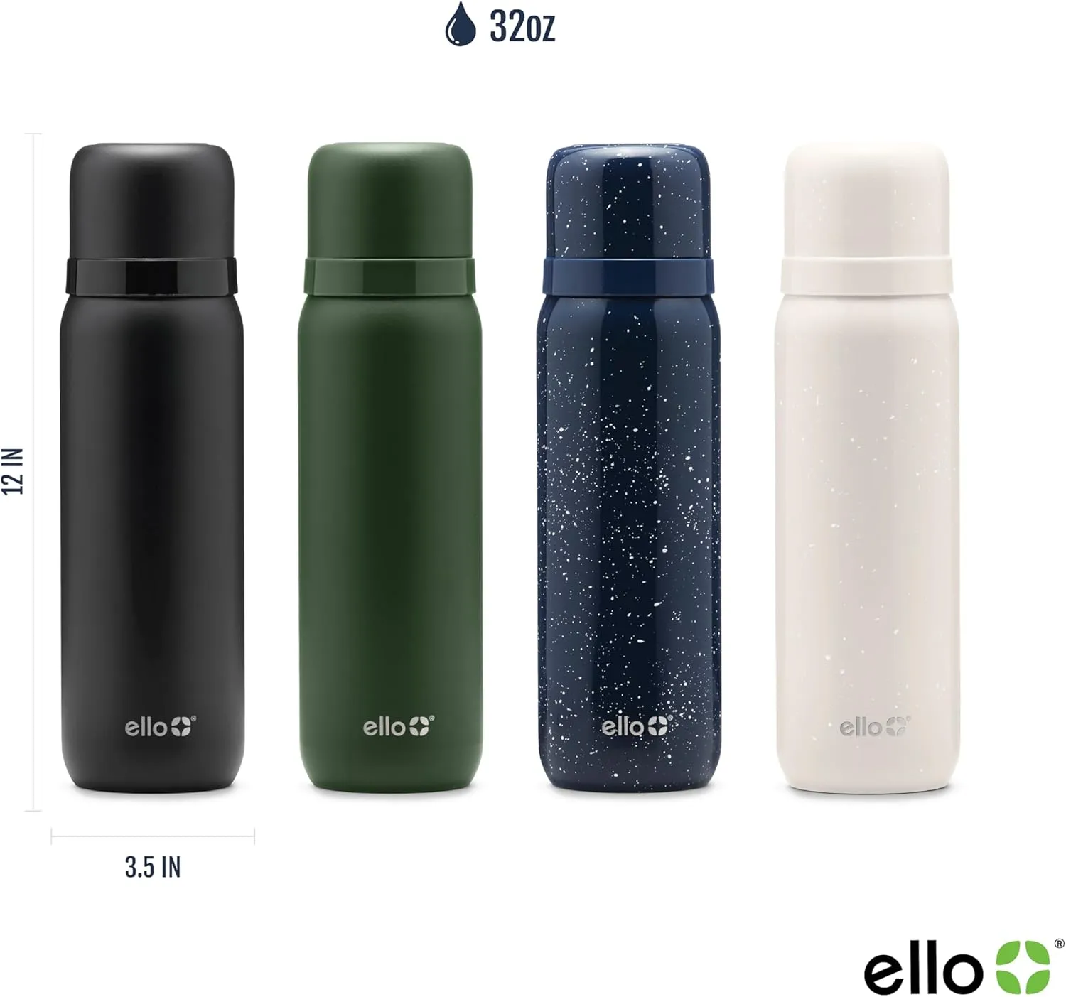 Ello Therma 32oz Insulated Stainless Steel Thermos for Hot & Cold Beverages with Leak Proof Lid & Built-in Cup, Triple Wall Insulation, Hot 24 Hrs, Perfect for Coffee,Tea, Dishwasher Safe, Black