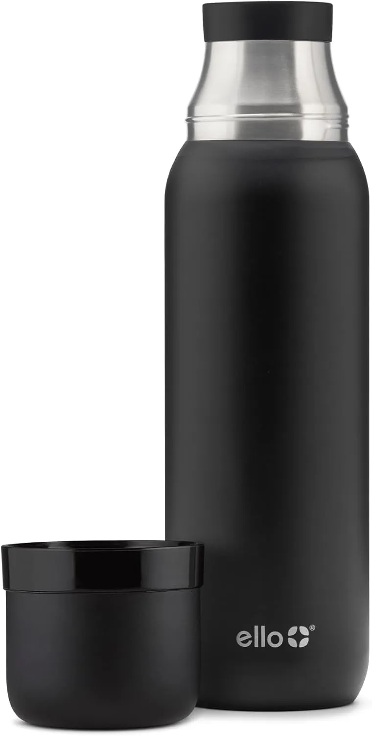 Ello Therma 32oz Insulated Stainless Steel Thermos for Hot & Cold Beverages with Leak Proof Lid & Built-in Cup, Triple Wall Insulation, Hot 24 Hrs, Perfect for Coffee,Tea, Dishwasher Safe, Black