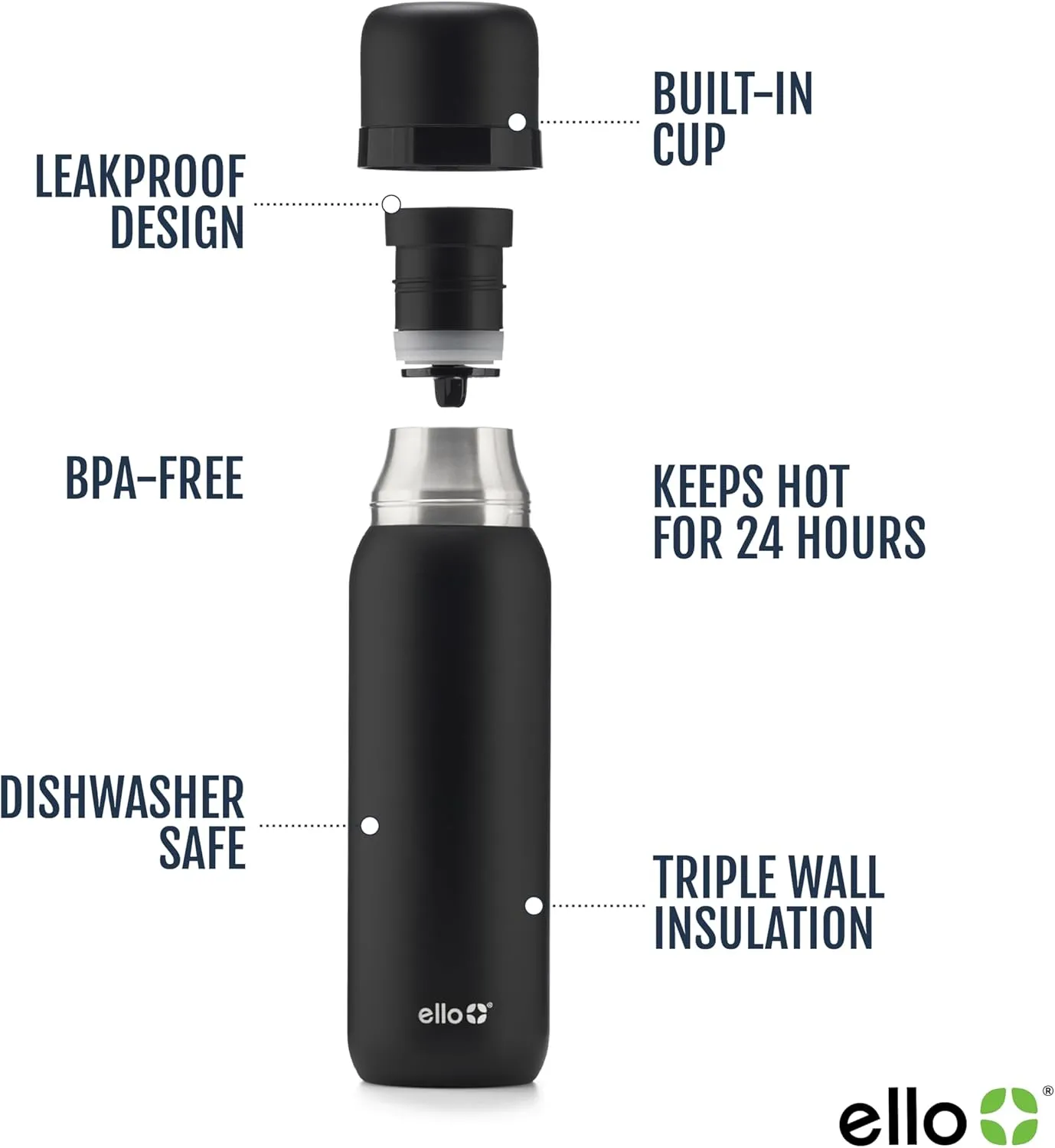 Ello Therma 32oz Insulated Stainless Steel Thermos for Hot & Cold Beverages with Leak Proof Lid & Built-in Cup, Triple Wall Insulation, Hot 24 Hrs, Perfect for Coffee,Tea, Dishwasher Safe, Black