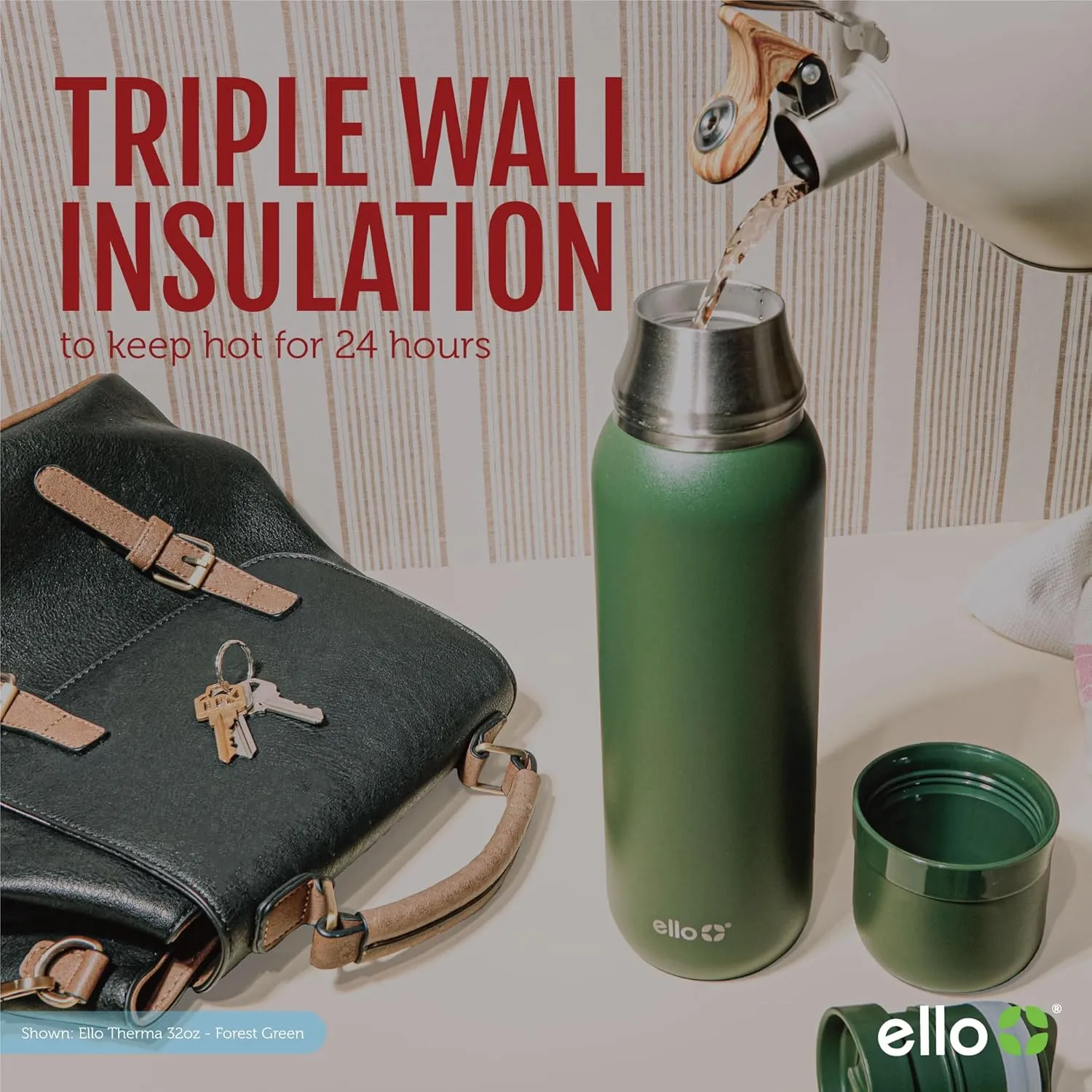 Ello Therma 32oz Insulated Stainless Steel Thermos for Hot & Cold Beverages with Leak Proof Lid & Built-in Cup, Triple Wall Insulation, Hot 24 Hrs, Perfect for Coffee,Tea, Dishwasher Safe, Black