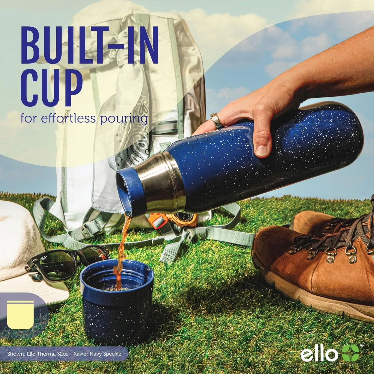 Ello Therma 32oz Insulated Stainless Steel Thermos for Hot & Cold Beverages with Leak Proof Lid & Built-in Cup, Triple Wall Insulation, Hot 24 Hrs, Perfect for Coffee,Tea, Dishwasher Safe, Black