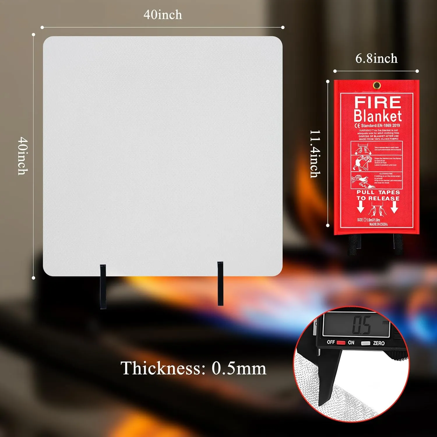 Emergency Fire Blanket, 1 Pack 40” x 40” Fiberglass Fire Suppression Fireproof Blanket for Home, Kitchen, Fireplace, Grill, Car, Office, Warehouse