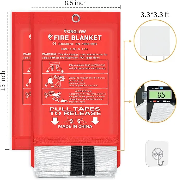 Emergency Fire Blanket, 2Pack Fire Blanket for Home and Kitchen, Fiberglass Fire Extinguisher Blanket, Suppression Flame Retardant Blanket Fire Safety Blanket for Fireplace (2 Pack)