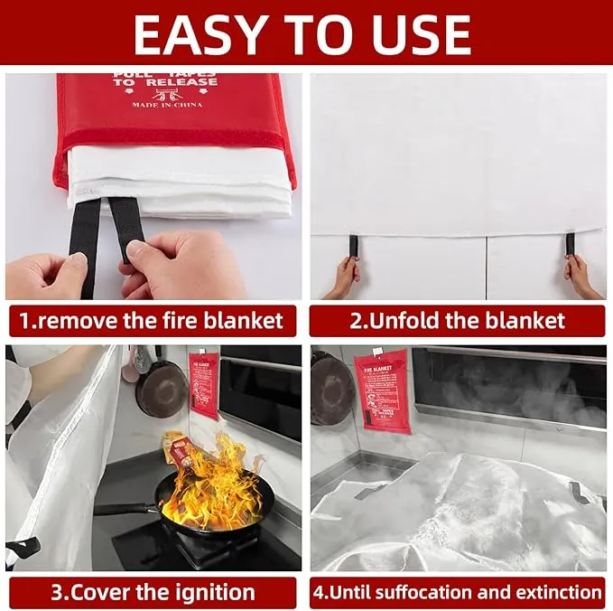 Emergency Fire Blanket 40" x 40" Fiberglass Fire Blanket Fire Suppression Blanket for Kitchen with Hooks Gloves Emergency Whistles Fireproof Blanket for Home Safety Camping (4)