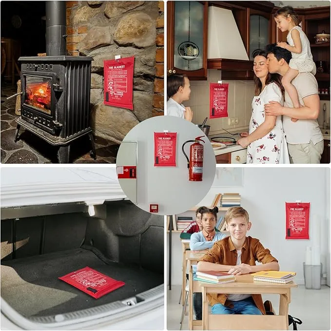 Emergency Fire Blanket 40" x 40" Fiberglass Fire Blanket Fire Suppression Blanket for Kitchen with Hooks Gloves Emergency Whistles Fireproof Blanket for Home Safety Camping (4)