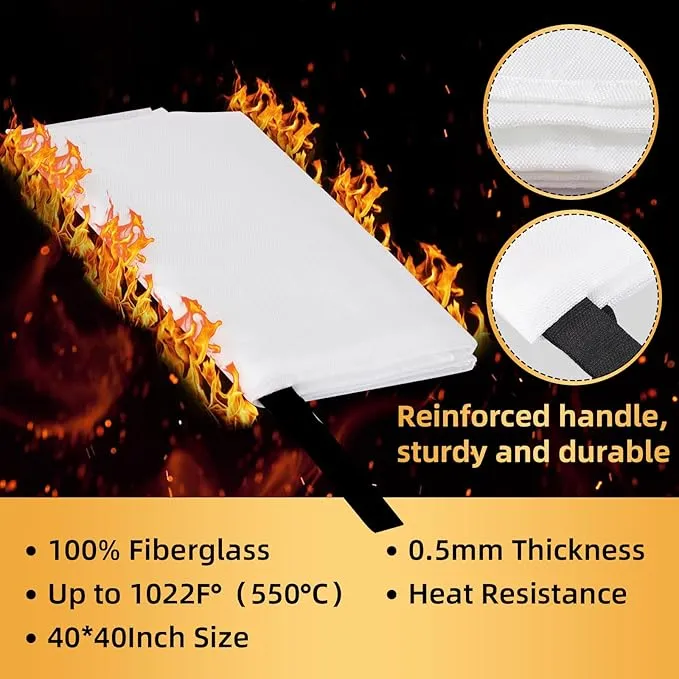 Emergency Fire Blanket 40" x 40" Fiberglass Fire Blanket Fire Suppression Blanket for Kitchen with Hooks Gloves Emergency Whistles Fireproof Blanket for Home Safety Camping (4)