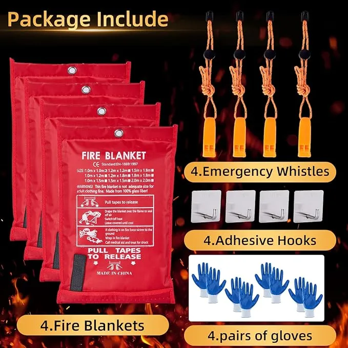 Emergency Fire Blanket 40" x 40" Fiberglass Fire Blanket Fire Suppression Blanket for Kitchen with Hooks Gloves Emergency Whistles Fireproof Blanket for Home Safety Camping (4)
