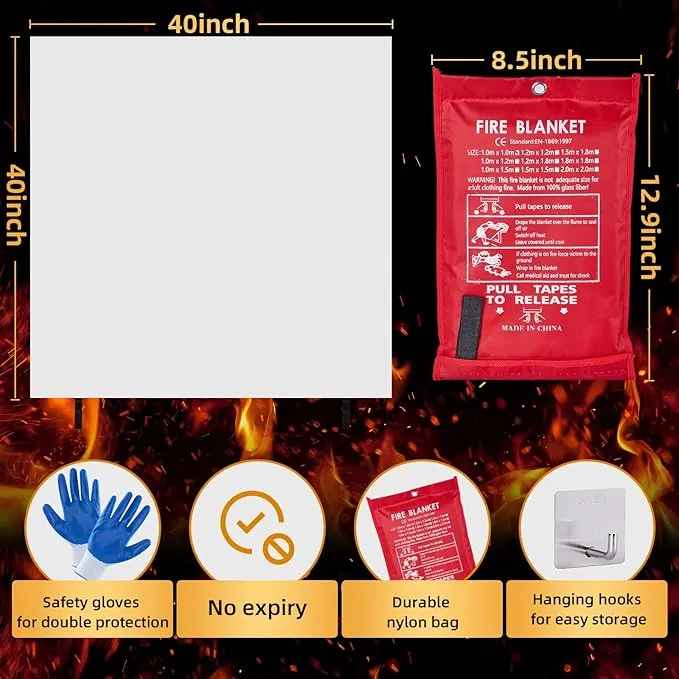 Emergency Fire Blanket 40" x 40" Fiberglass Fire Blanket Fire Suppression Blanket for Kitchen with Hooks Gloves Emergency Whistles Fireproof Blanket for Home Safety Camping (4)