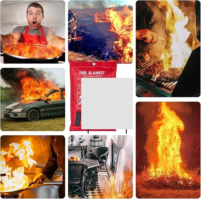 Emergency Fire Blanket 40" x 40" Fiberglass Fire Blanket Fire Suppression Blanket for Kitchen with Hooks Gloves Emergency Whistles Fireproof Blanket for Home Safety Camping (4)