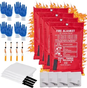 Emergency Fire Blanket 40" x 40" Fiberglass Fire Blanket Fire Suppression Blanket for Kitchen with Hooks Gloves Emergency Whistles Fireproof Blanket for Home Safety Camping (4)