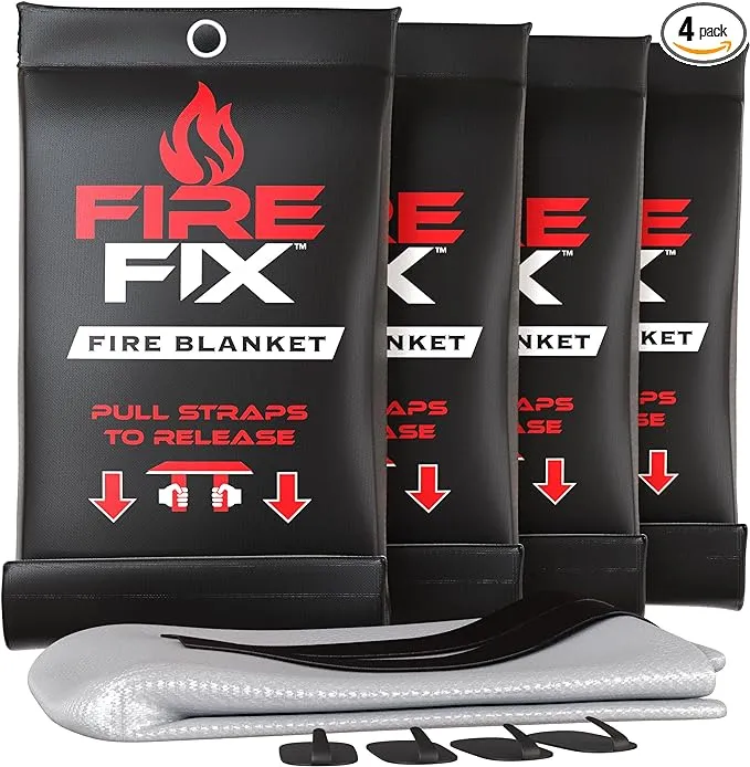 Emergency Fire Blanket for Home & Kitchen | 4-Pack   Mount | Fire Extinguisher for Camping Gear, Car Safety, Hiking, Survival Kit & Welding | Flame Retardant Preparedness Supplies 39" x 39"