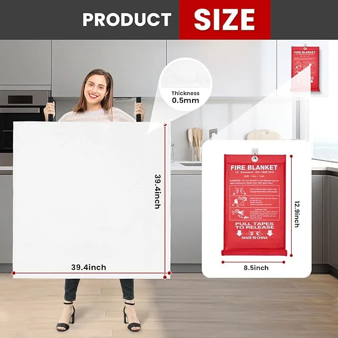 Emergency Fire Blanket for Home,4 Pack Fire Suppression Blanket for Kitchen House Cooking Office Camping, Fiberglass Flame Retardant Blanket, Fire Safety Blanket, 39.3 * 39.3” with Hooks