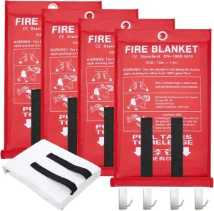 Emergency Fire Blanket for Home,4 Pack Fire Suppression Blanket for Kitchen House Cooking Office Camping, Fiberglass Flame Retardant Blanket, Fire Safety Blanket, 39.3 * 39.3” with Hooks
