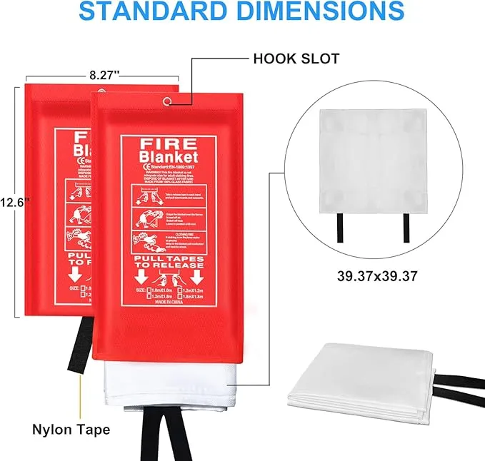 Emergency Fire Blanket for Kitchen and Home, 2 Pack 39.37” x 39.37” Fiberglass Fire Safety Blankets for Survival, Suppression Fire Retardant Blanket
