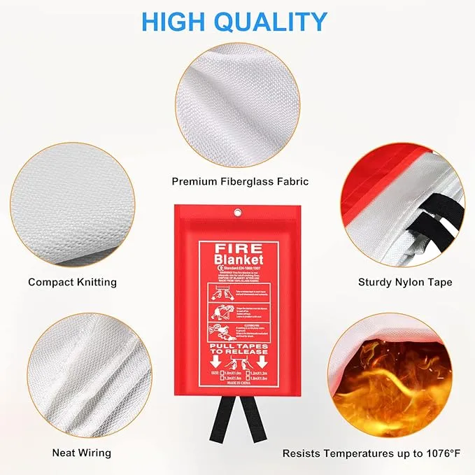 Emergency Fire Blanket for Kitchen and Home, 2 Pack 39.37” x 39.37” Fiberglass Fire Safety Blankets for Survival, Suppression Fire Retardant Blanket