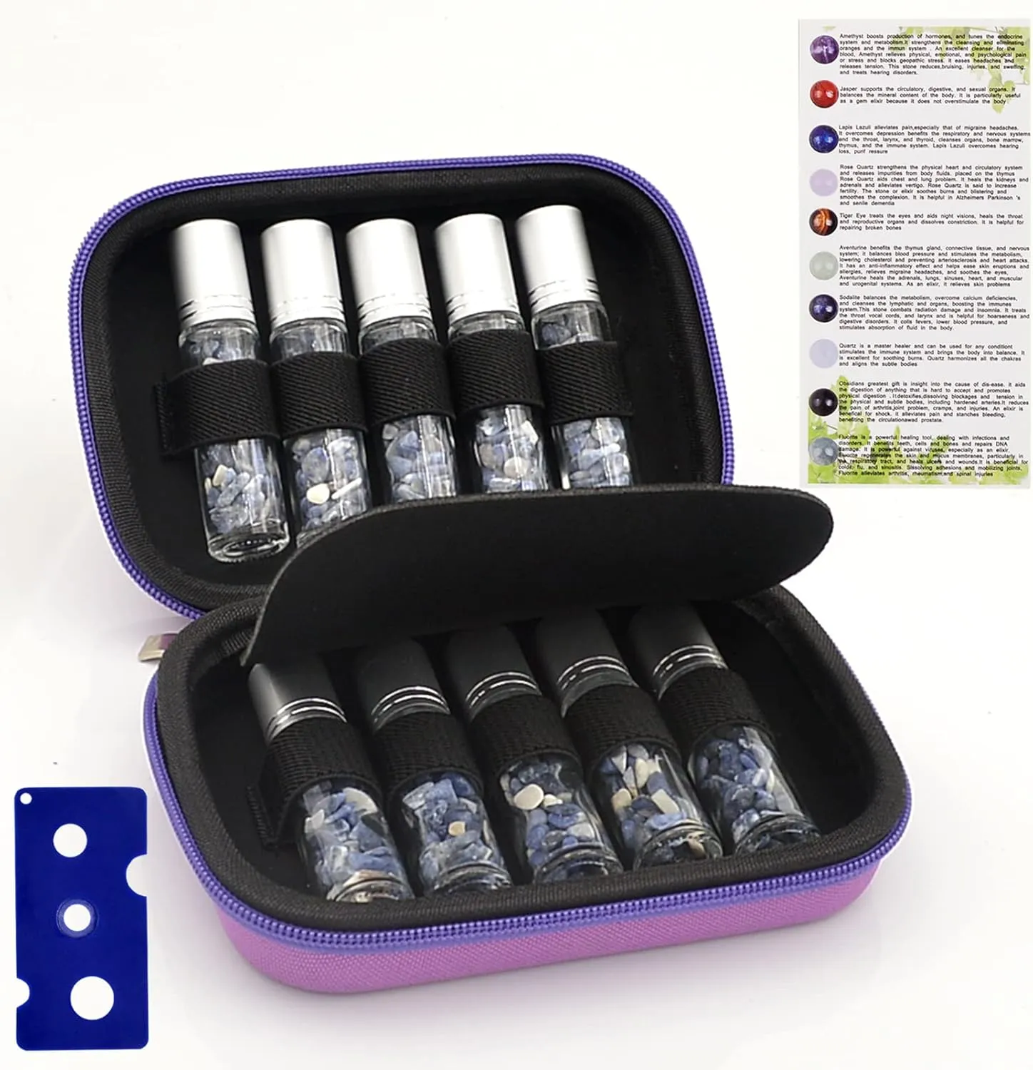 Essential Oil Roller Bottle EVA Carrying Travel Case and 10pcs Essential Oil Gemstone Roller Ball Bottles Frosted Glass Inside 10ml Healing Crystal Chips Feng Shui Roller (Bluestone)