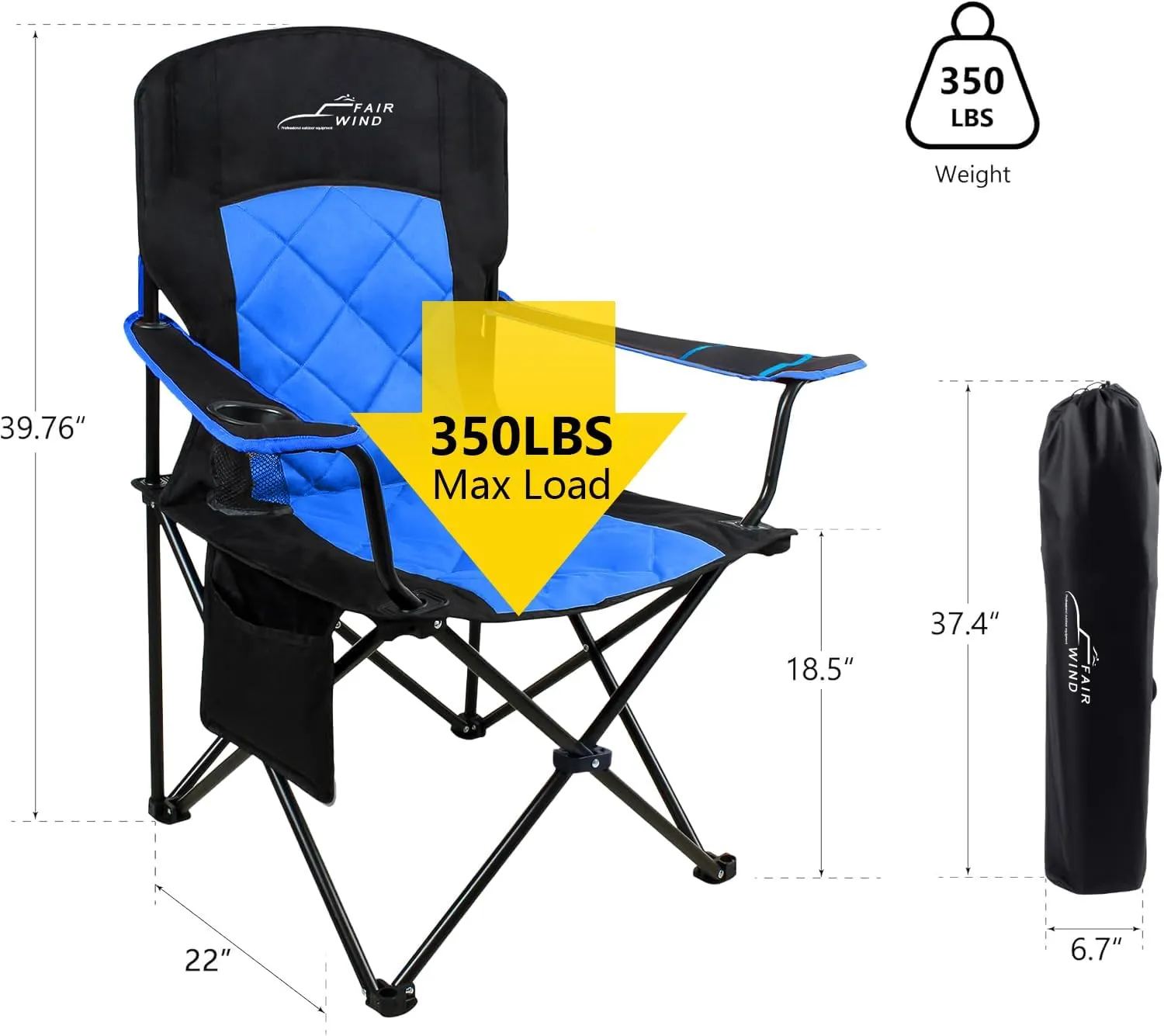 FAIR WIND Oversized Fully Padded Camping Chair, Heavy Duty Quad Fold Arm Chair Support 350 LBS with Cup Holder, Collapsible Lumbar Back Chair Portable for Outdoor, Blue
