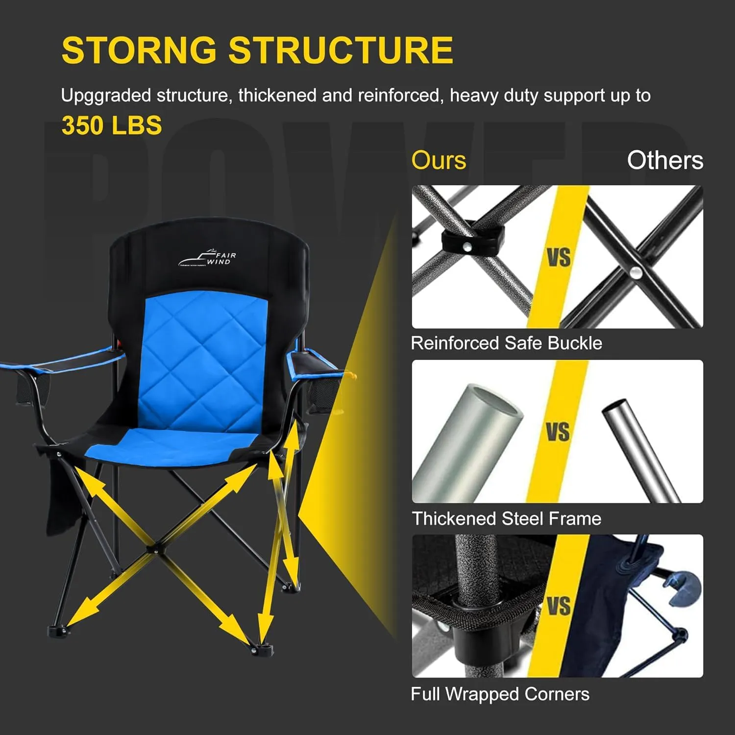 FAIR WIND Oversized Fully Padded Camping Chair, Heavy Duty Quad Fold Arm Chair Support 350 LBS with Cup Holder, Collapsible Lumbar Back Chair Portable for Outdoor, Blue