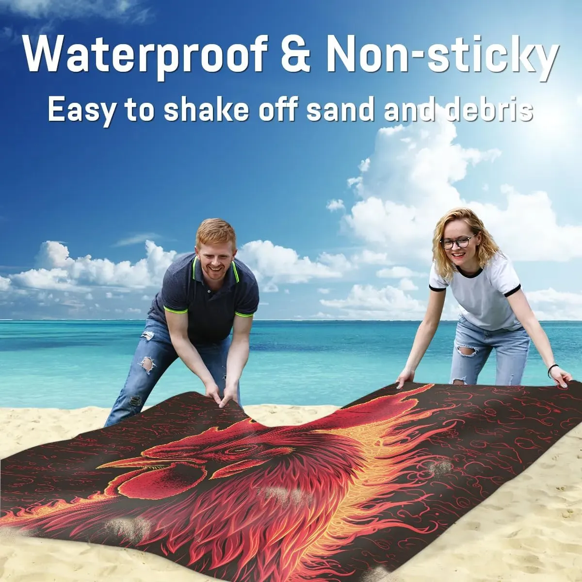 Farm Rooster Beach Blanket, Sandproof Beach Mat, 68 x 59 Waterproof Quick Drying Sand Free Mat with 4 x Ground Spikes for Outdoor Travel Camping Hiking, Vintage Rooster
